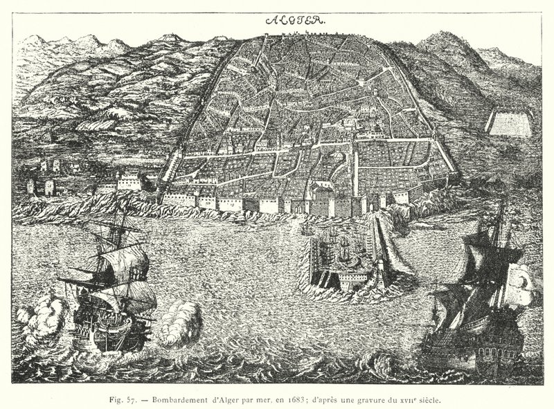 アルジェへの海上爆撃（1683年）：17世紀の版画より 作： フランス語学校