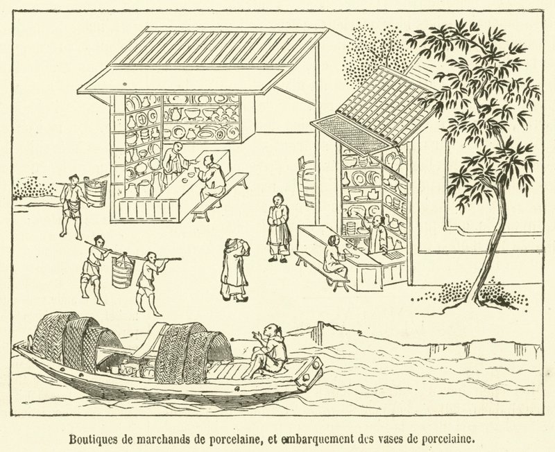 磁器商人の店、磁器の花瓶の出荷（彫刻 作： フランス語学校