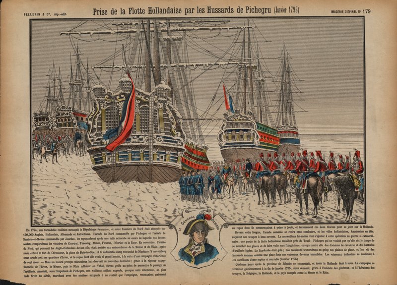 1795年1月、ピケグル将軍率いるフランスのユサールによる凍結したアイセルメールでのオランダ艦隊の捕獲（カラー図版 作： フランス語学校
