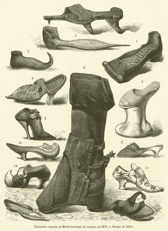 1874年にMusee historique du costumeで展示された靴（エングレーヴィング 作： フランス語学校