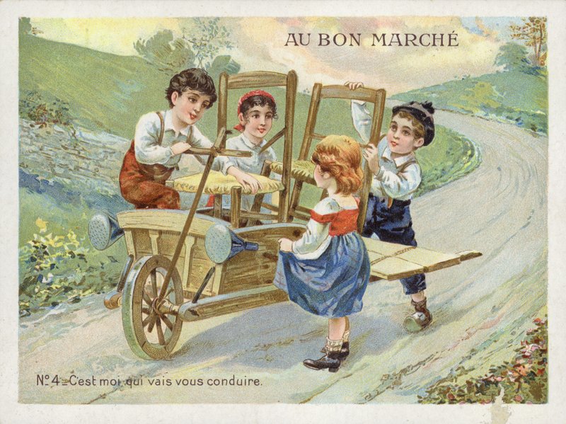 手押し車を乗り物に変える子供たち 作： フランス語学校