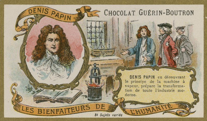 Chocolat Guerin-Boutronトレードカード、Denis Papin 作： フランス語学校