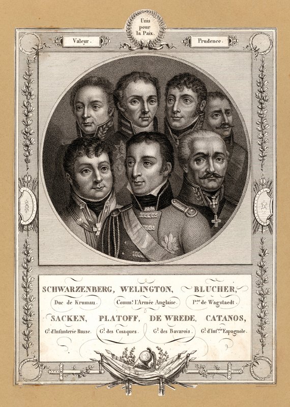 Koalitionsmilitärkommandanten der Napoleonischen Kriege: Fabian Gottlieb von der Osten-Sacken, russischer General der Infanterie; Matvei Platov, russischer General der Don-Kosaken; Karl Philipp von Wrede, bayerischer General; Francisco Javier Castaños, spa von French School
