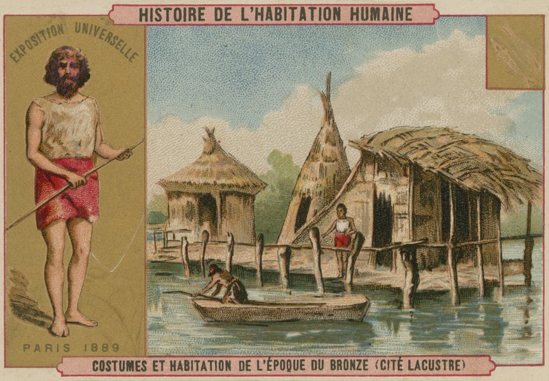 青銅器時代の衣装と湖畔の住居（クロモリト 作： フランス語学校