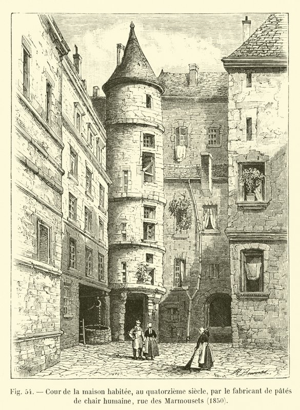 14世紀に人の肉から作られたパスタの製造業者、rue des Marmousets、1850年に居住した家の中庭 作： フランス語学校