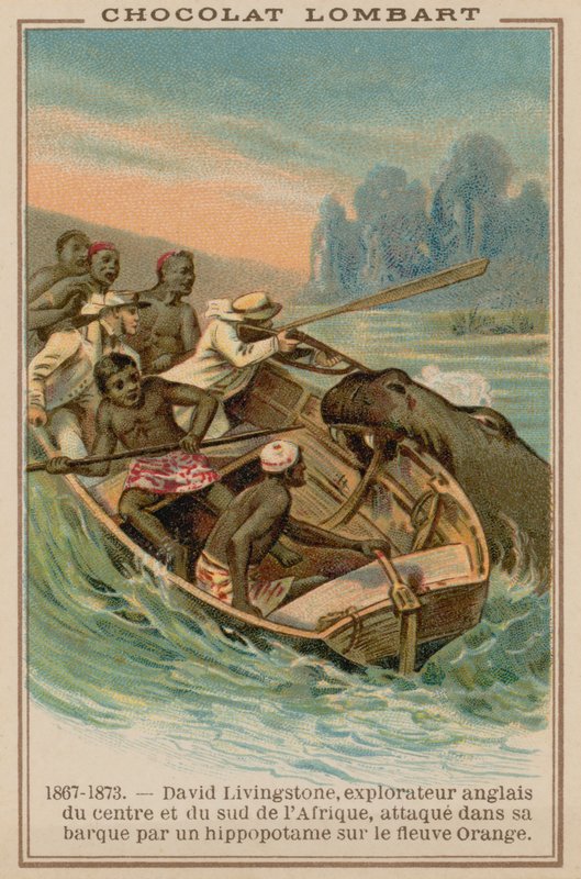アフリカのオレンジリバーでカバに襲われたデヴィッドリビングストーンズのボート、1867-1873 作： フランス語学校