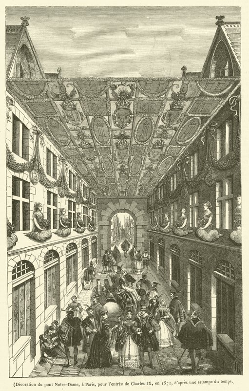 1571年、シャルル9世の入城のためのパリのノートルダム橋の装飾（エングレーヴィング） 作： フランス語学校