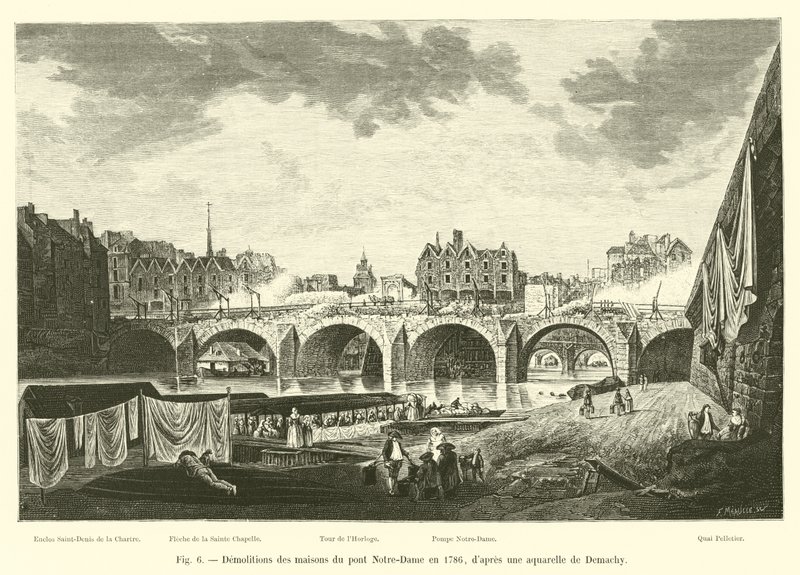 デマシーによる水彩画の後の1786年のノートルダム橋の住宅の解体 作： フランス語学校