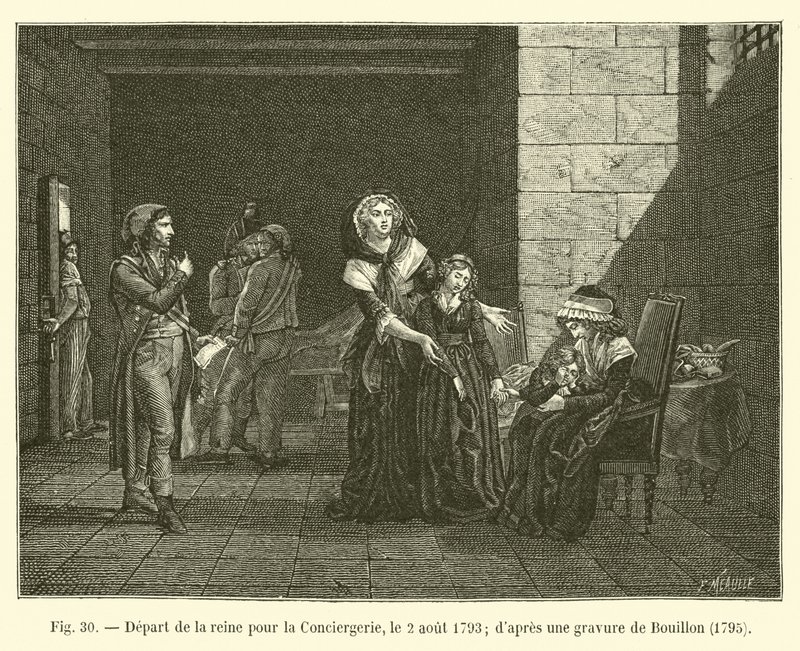 1793年8月2日、女王のコンシェルジュリーへの出発。ブイヨンの彫刻後、1795年 作： フランス語学校