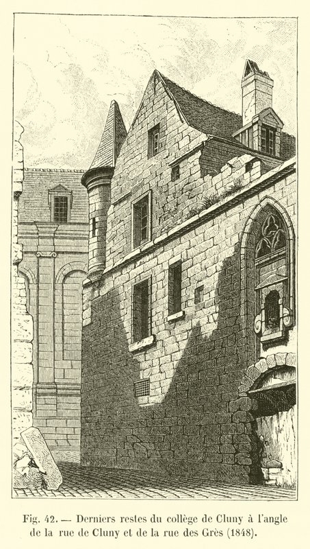 rue de Clunyとrue des Gresの角にあるCluny大学の最後の遺跡、1848 作： フランス語学校