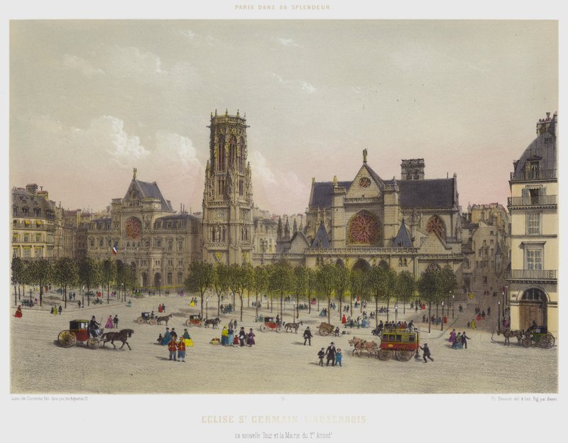 サン・ジェルマン・ローセロワ教会、新しい塔、1区の市庁舎（カラーリトグラフ 作： フランス語学校