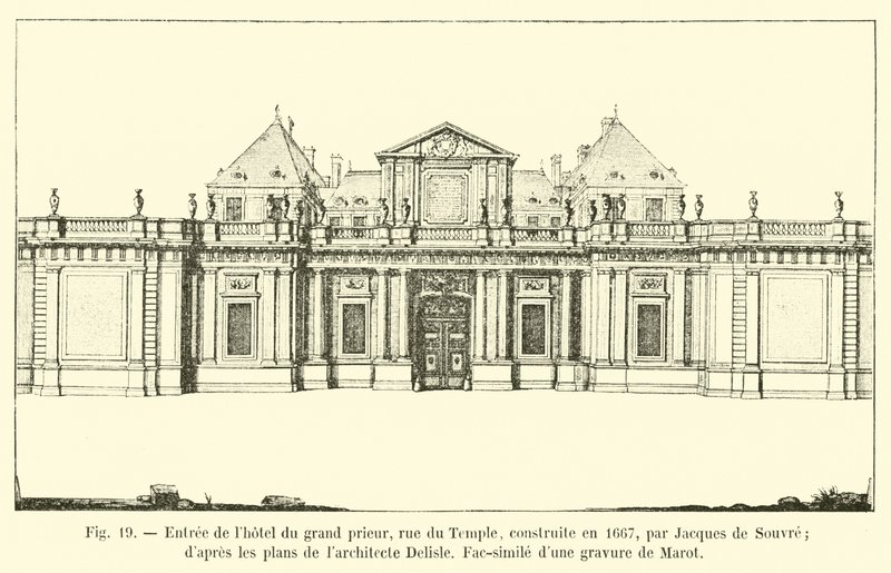 ジャックドスーヴルによって1667年に建てられた、偉大なる神殿、ルーデュテンプルのホテルへの入り口。建築家デリスルによる計画から、マロットによる彫刻のファクシミリ 作： フランス語学校
