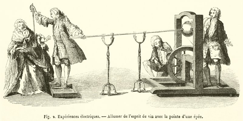 電気の実験、剣の先でワインスピリットを点灯（彫刻 作： フランス語学校