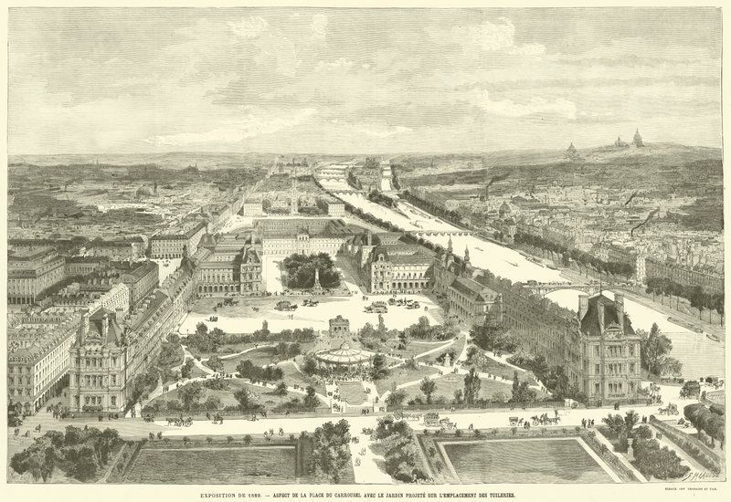 1889年の展覧会、チュイルリーの敷地に投影された庭園のあるカルーセル広場の側面（エングレービング 作： フランス語学校