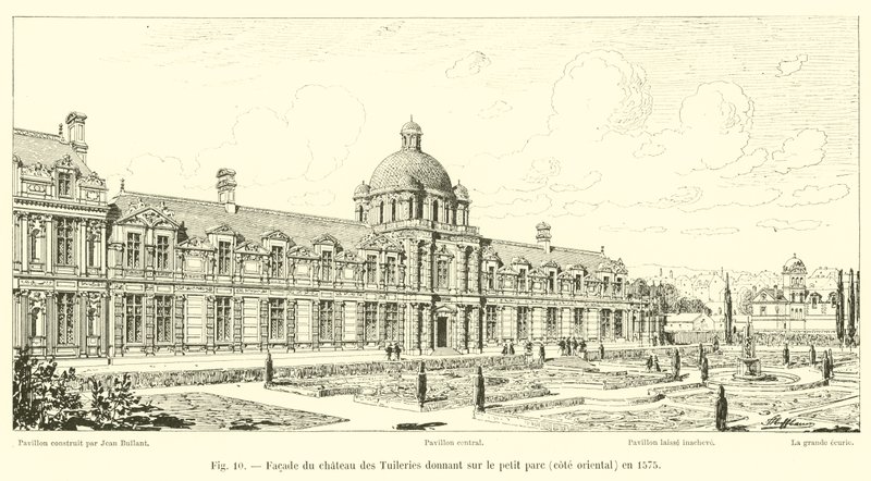 1575年に東海岸の小さな公園を見下ろすチュイルリー城のファサード 作： フランス語学校