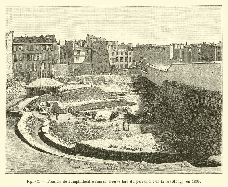 1869年にモンジュ通りの掘削中に発見されたローマ円形劇場の発掘調査 作： フランス語学校