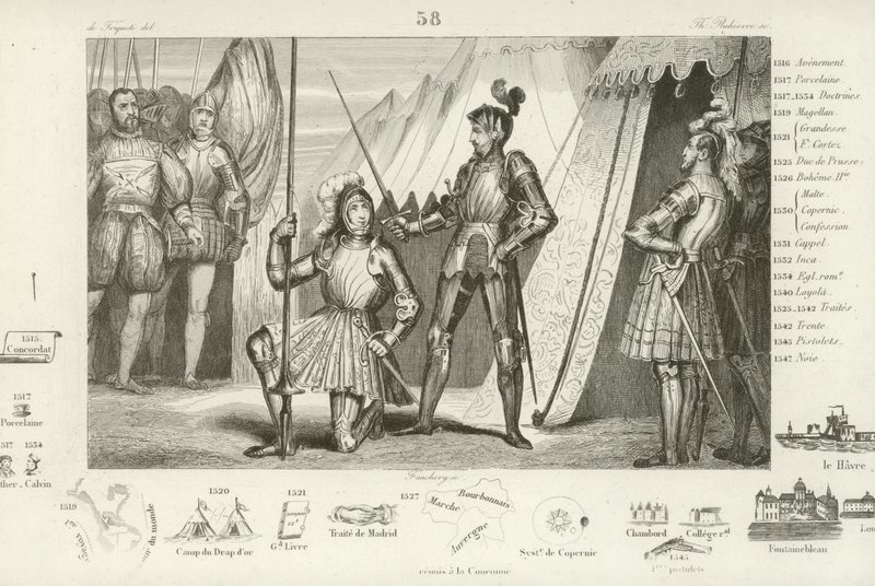 1515年、イタリアのマリニャーノの戦いで勝利した後、フランスのフランシス1世がシュヴァリエベヤードに騎士を求められる 作： フランス語学校