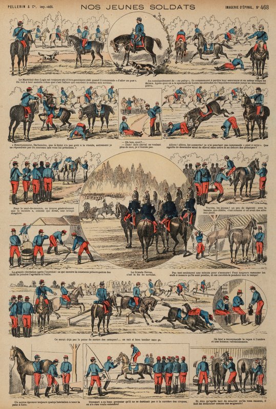 訓練中のフランス陸軍の騎兵士官候補生（カラー彫刻 作： フランス語学校