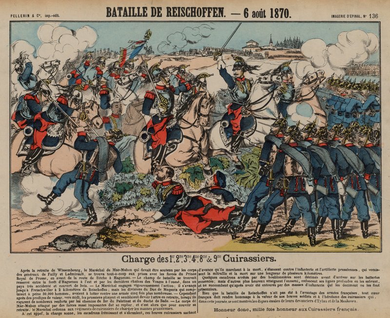 ライヒスホーフェンの戦いでプロイセンの歩兵に突撃するフランスの手兵、普仏戦争、1870年8月6日（彩色済み彫刻 作： フランス語学校