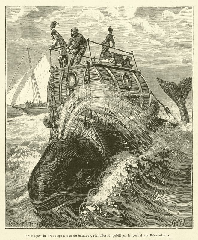 新聞「la Recreation」が発行した「Voyage a dos de baleine, recit illustre」の扉絵（エングレーヴィング 作： フランス語学校