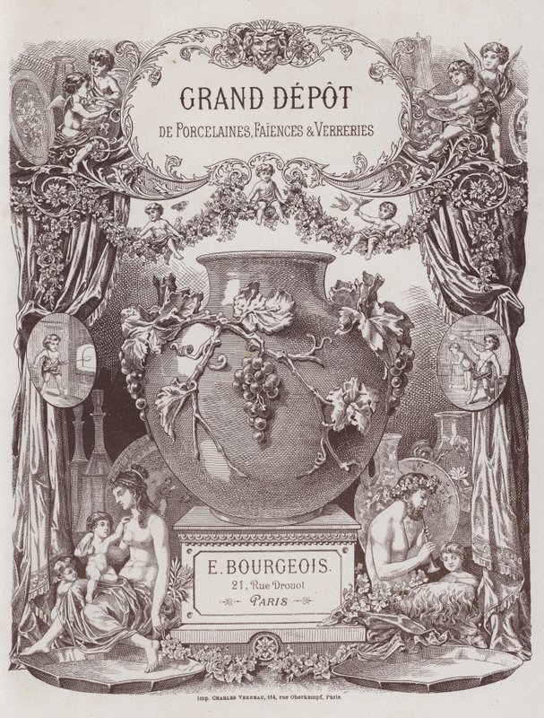 Grand Depot de Porcelaines, Faiences et Verreriesカタログの表紙（カラーリトグラフ）。 作： フランス語学校