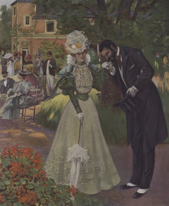 ガーデンパーティー。1897年4月のLe Figaro Illustre誌の表紙のイラスト（カラーリトグラフ）。 作： フランス語学校
