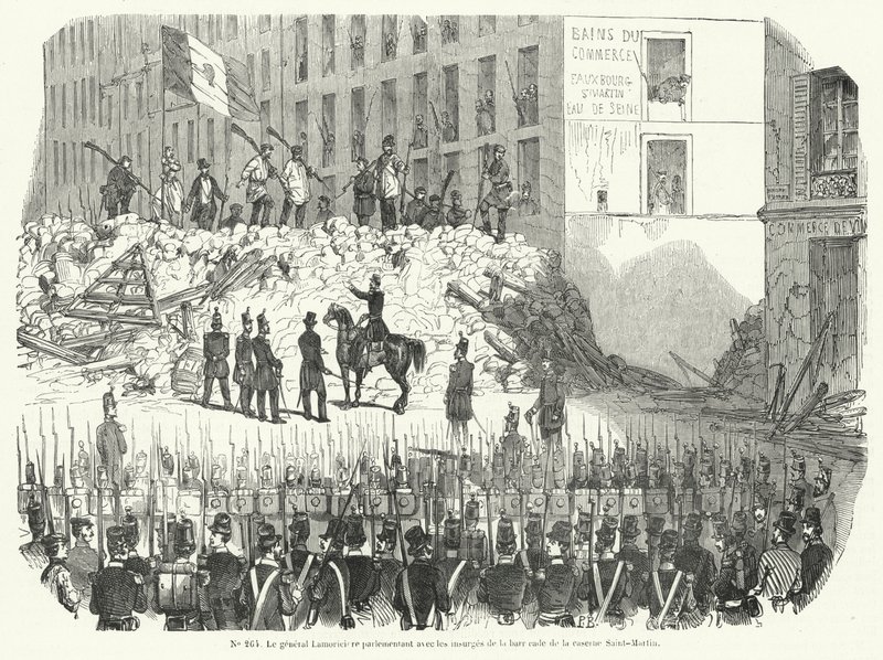 サン・マルタン兵舎の外でバリケードを守る武装労働者と交渉するラモリシエール将軍（1848年6月23日、パリ）（エングレーヴィング 作： フランス語学校