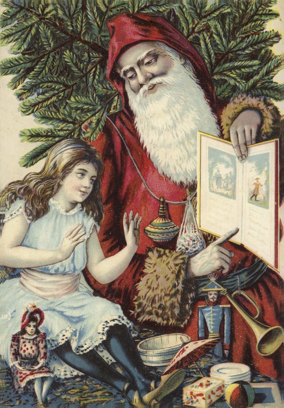 父のクリスマスで図鑑を見せられている少女 作： フランス語学校