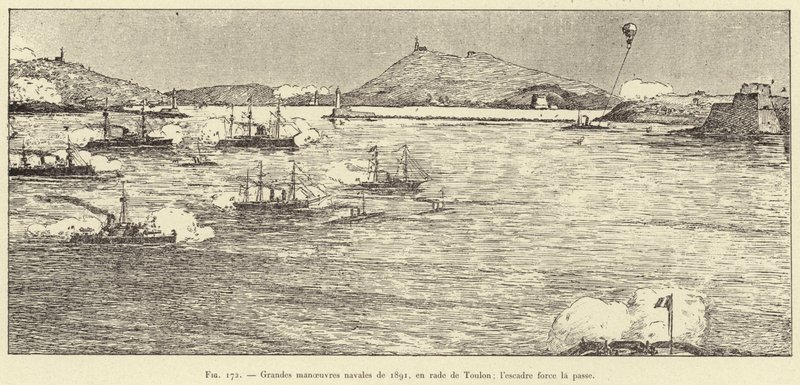 1891年の海軍の大演習、トゥーロンの船着き場で、飛行隊はパスを強行する（エングレーヴィング 作： フランス語学校