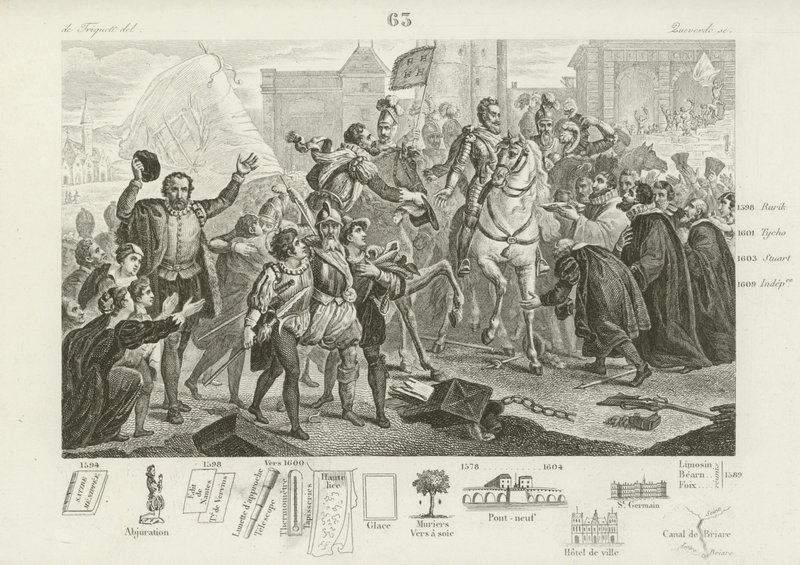 1594年3月22日、市の知事であるブリサックコントを伴ってパリに入るフランスのアンリ4世 作： フランス語学校