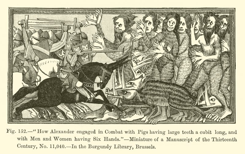 アレクサンダーは、長さ1立方の大きな歯を持つ豚や、6本の手を持つ男女とどのように戦闘したか（彫刻 作： フランス語学校