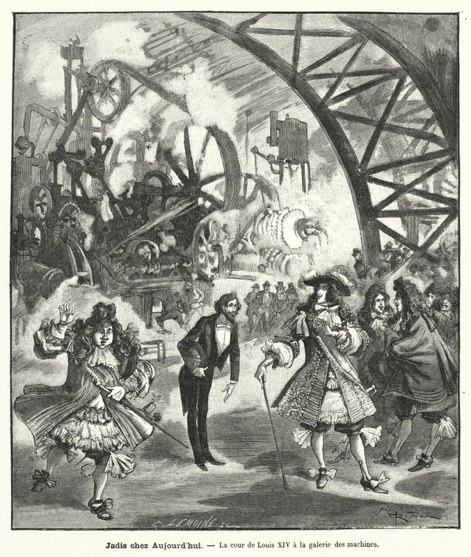1889年のパリ万国博覧会の機械館にルイ14世とその宮廷人が訪れた際の想像図（エングレービング 作： フランス語学校