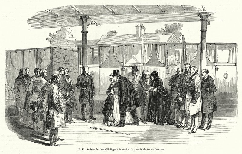亡命を余儀なくされ、クロイドン駅に到着したフランス国王ルイ・フィリップ（1848年2月）（彫刻 作： フランス語学校
