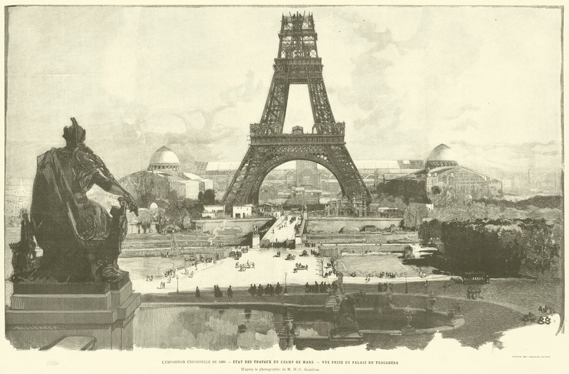 1889年の万国博覧会、シャン・ド・マルスの作品の状態、トロカデロ宮殿からの眺め、M・H・C・ゴデフロイの写真より（エングレーヴィング 作： フランス語学校