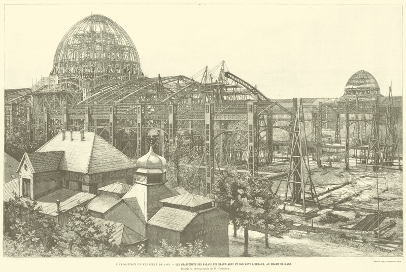 1889年の万国博覧会、シャン・ド・マルスのパレ・デ・ボザール＆デ・アーツ・リベローのシャルペンテス、M・ゴデフロイの写真より（エングレーヴィング 作： フランス語学校
