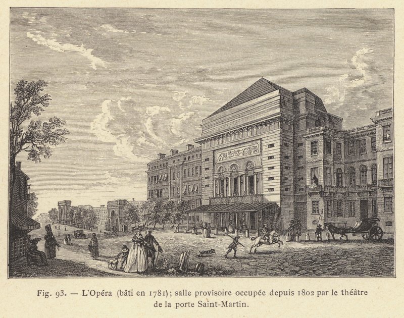 1781年に建設されたオペラ座は、1802年からサン・マルタン門の劇場に占拠されていた仮設の劇場である（エングレービング 作： フランス語学校