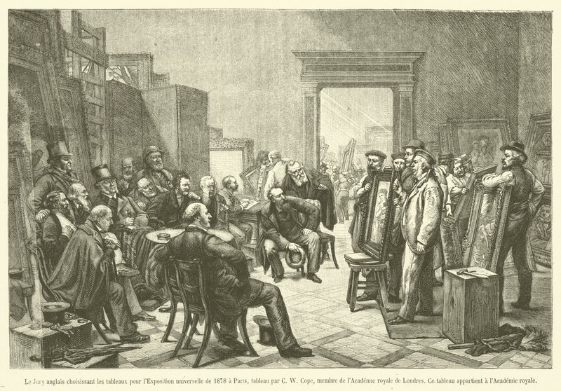 1878年のパリ万国博覧会の絵画を選ぶイギリス人審査員（エングレービング 作： フランス語学校