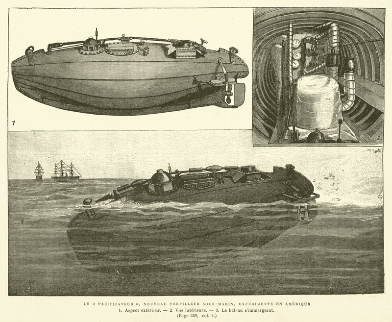 アメリカで実験された新型潜水艦魚雷艇「ピースキーパー」（版画 作： フランス語学校