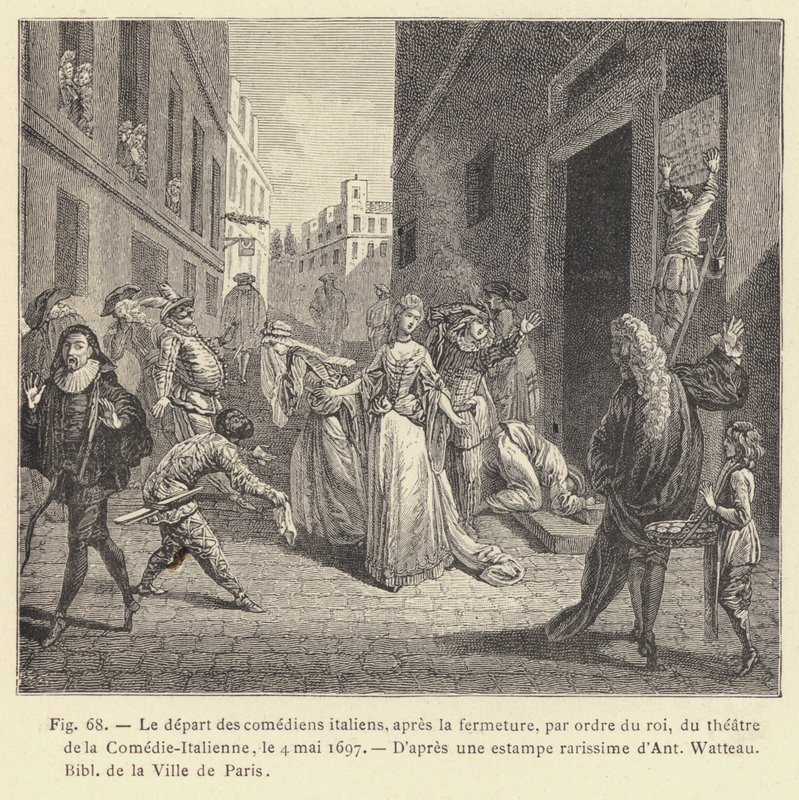 1697年5月4日、国王の命令でコメディ・イタリエンヌ劇場が閉鎖された後、イタリアのコメディアンたちが出発した様子（エングレーヴィング 作： フランス語学校