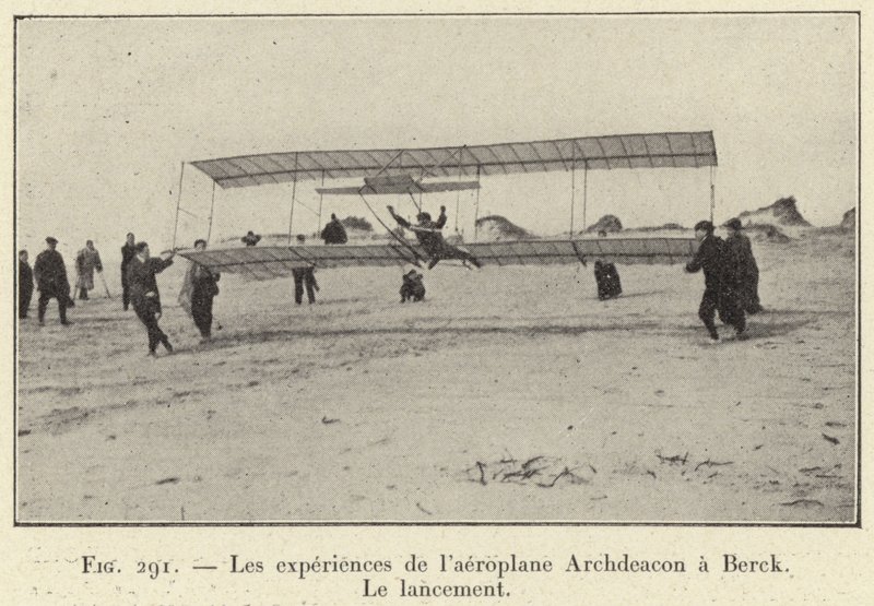 ベルクで行われたアーチデコンの飛行機実験、打ち上げ（彫刻 作： フランス語学校