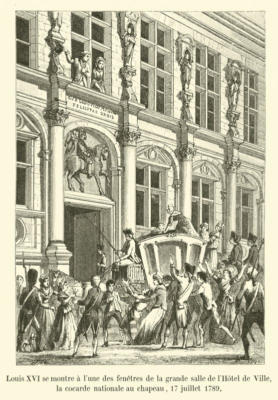 1789年7月17日、ルイ16世は国会議事堂の帽子をかぶったオテルドヴィルの大ホールの窓の1つに映っています 作： フランス語学校