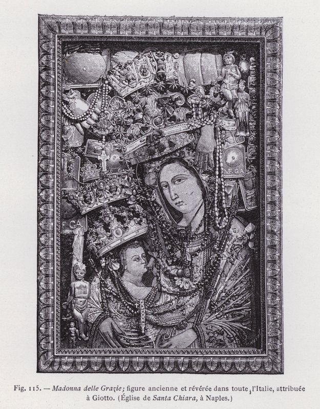ナポリのサンタ・キアラ教会のジョットが描いたイタリア全土で古くから崇拝されている聖母像（彫刻）。 作： フランス語学校