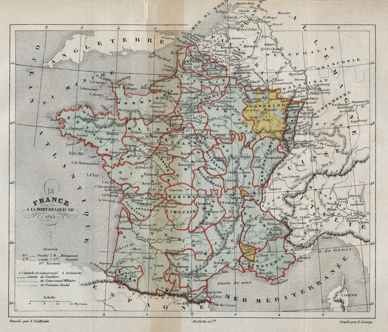 1715年のルイ14世の死去時におけるフランスの地図。ヴィクトル