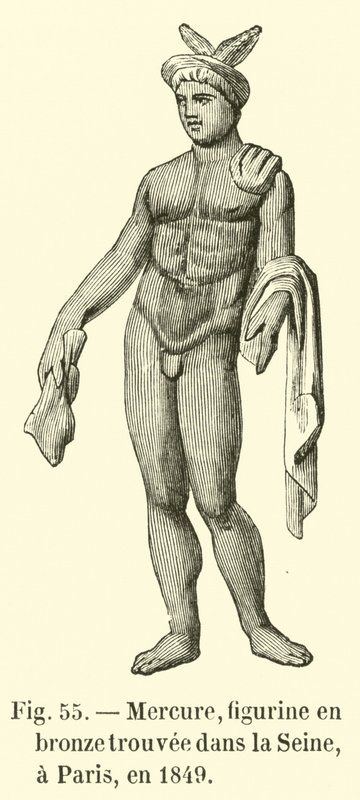 マーキュリー、1849年にパリのセーヌ川で発見されたブロンズの置物（エングレーヴィング） 作： フランス語学校