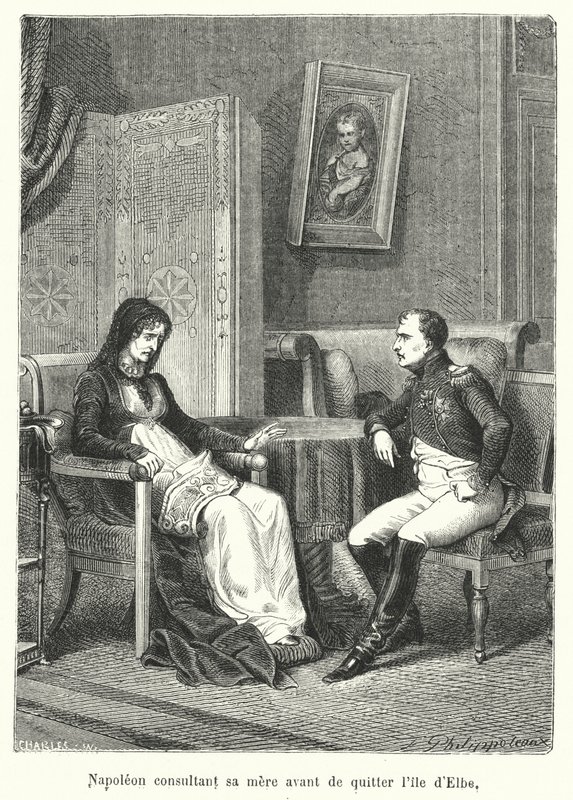 エルバ島を出る前に母に相談するナポレオン（版画 作： フランス語学校