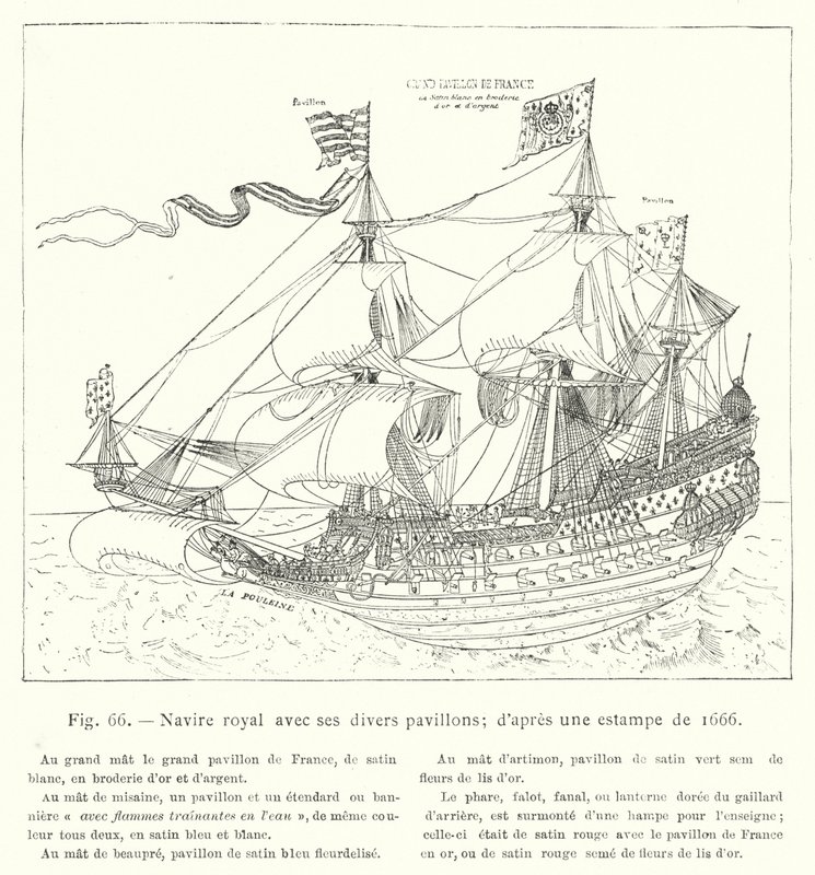 様々な旗を掲げた王室の船（1666年の版画より 作： フランス語学校