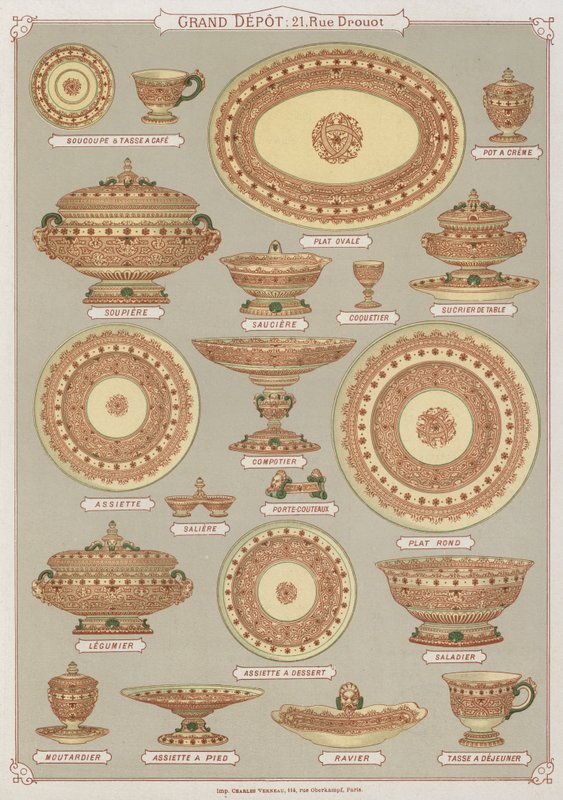 Grand Depot de Porcelaines, Faiences et Verreriesのカタログ（カラーリトグラフ）のページ。 作： フランス語学校