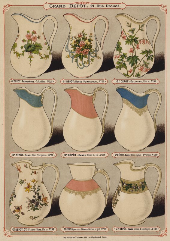 Grand Depot de Porcelaines, Faiences et Verreriesのカタログ（カラーリトグラフ）のページ。 作： フランス語学校