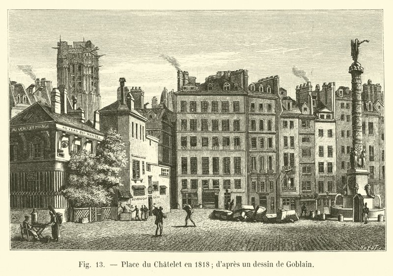 1818年にシャトレ広場。ゴブレンの絵から 作： フランス語学校