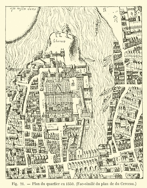 1550年の地区の計画、デュ・セルソーの計画のファクシミリ 作： フランス語学校
